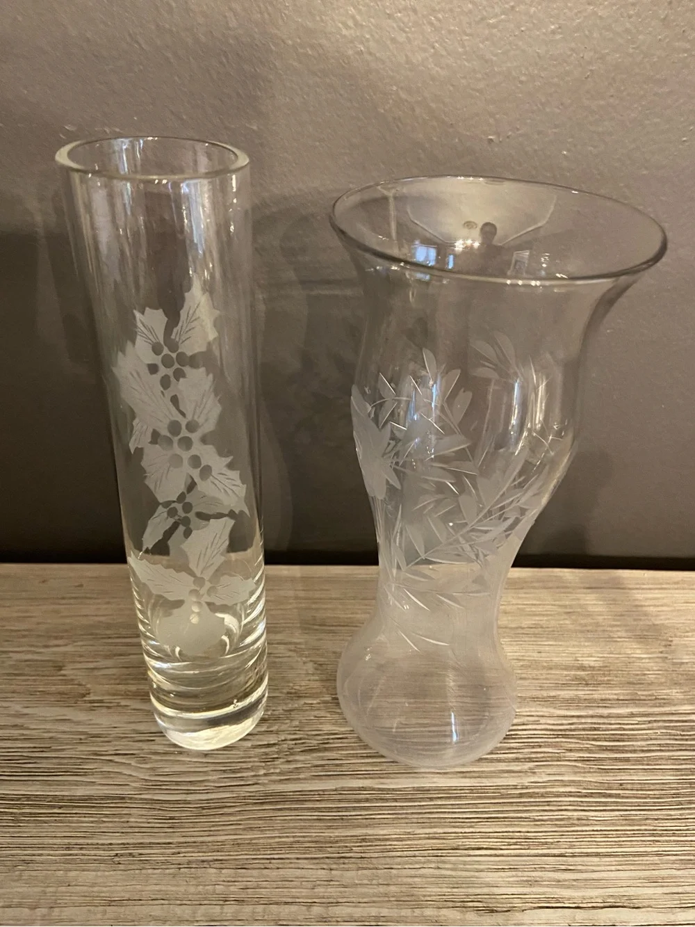 Etched Glass Vase Set Of Two Clear Floral Embossed Bud Vases Vintage 1960’s